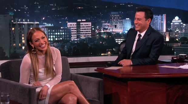 jennifer lopez laughs with jimmy kimmel